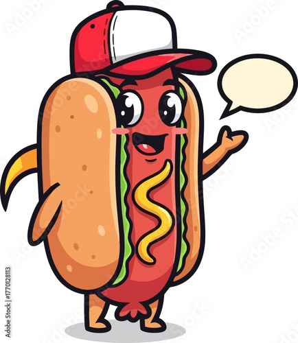 cheerful hotdog mascot waves hello, ready to share tasty news, isolated on transparent background