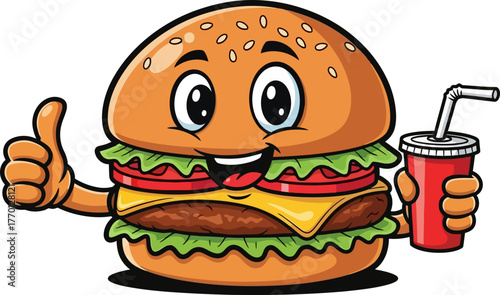 delighted burger mascot offers ultimate fast food combo experience, isolated on transparent background