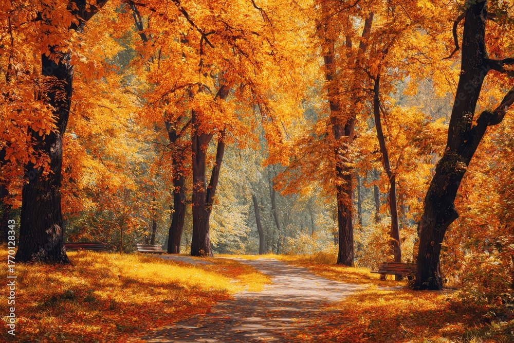 Fototapeta premium Golden foliage transforms autumn forest landscape into a vibrant tapestry of orange hues and peaceful pathways for those enjoying nature in a tranquil setting