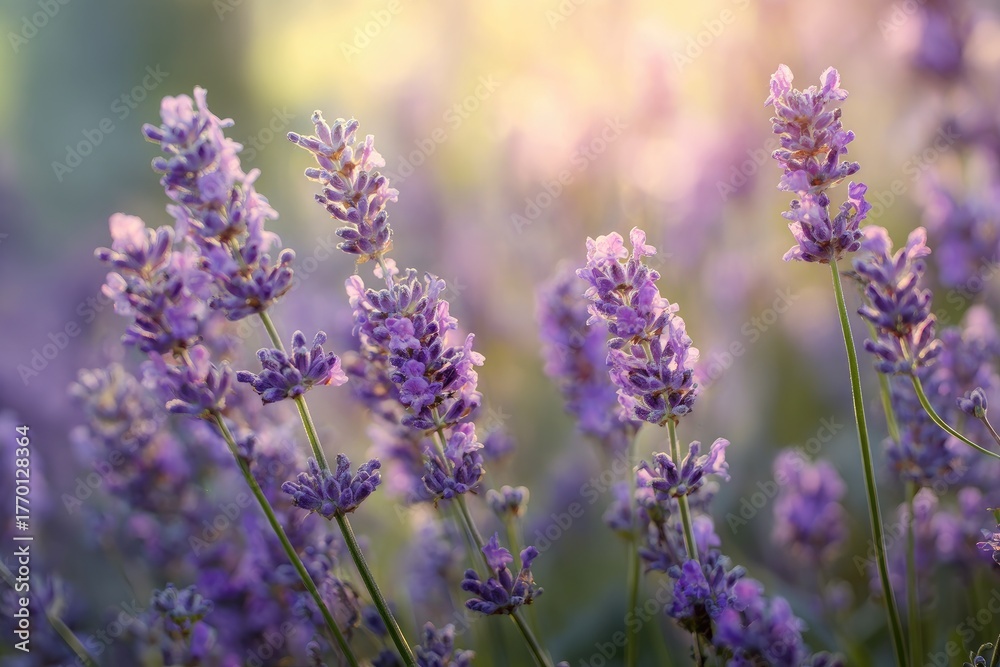 Obraz premium Close-up of vibrant purple flowers bathed in soft sunlight, creating a serene floral scene