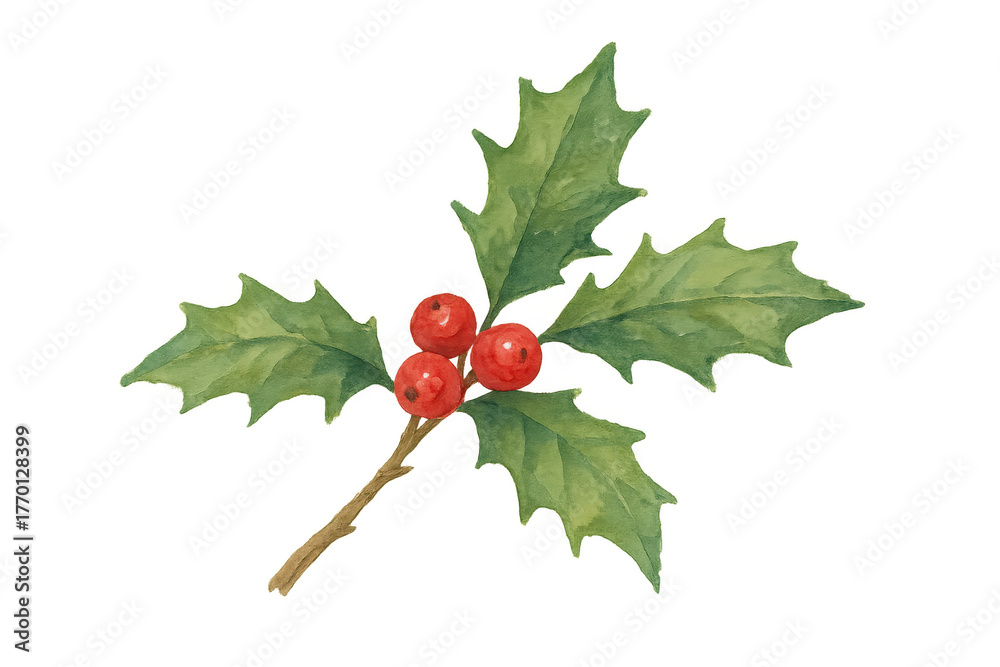 Fototapeta premium Holly branch watercolor painting with green leaves and red berries, conveying christmas, winter holidays, and festive decoration