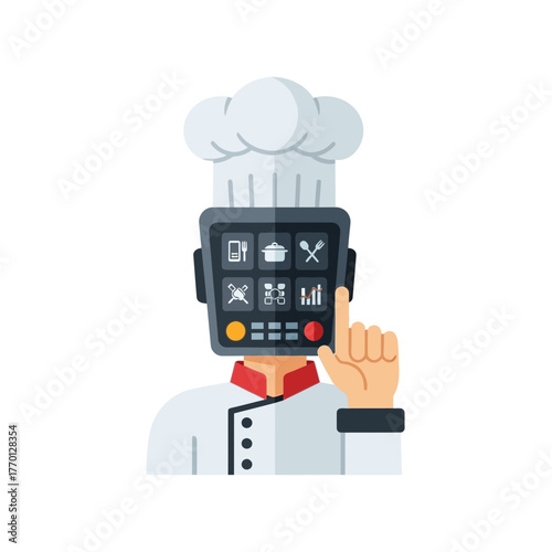 Chef robot with a screen face displaying cooking icons, wearing a chef's hat and uniform, pointing with its finger.