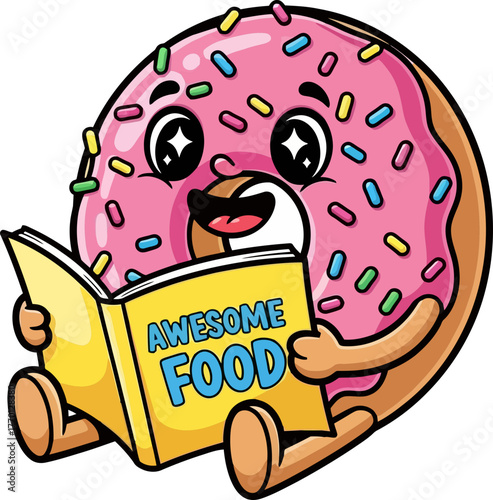 awesome food book captivates a delightfully studious pink donut, isolated on transparent background
