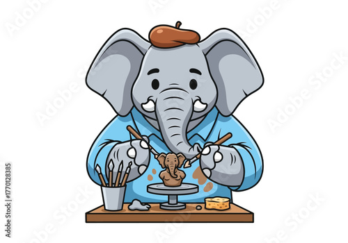 A cute cartoon elephant artist wearing a beret sculpts a small clay figurine on a pottery wheel.