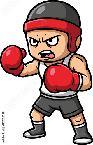 mighty cartoon pugilist ready to battle, showing fierce determination, isolated on transparent background