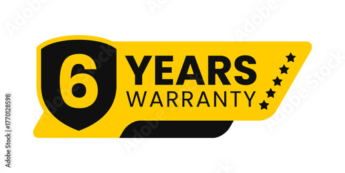 Modern 6 years warranty badge vector design in yellow and black with shield. Guarantee label icon logo for product packaging, advertisement, and marketing use