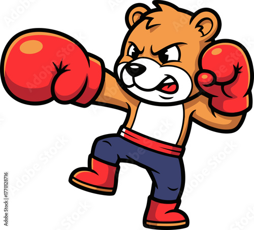 gutsy cartoon bear throws powerful punch, embodying fierce fighting spirit, isolated on transparent background