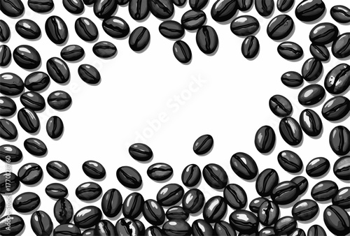 Realistic coffee beans vector illustration, roasted brown grains with glossy texture and shading, falling coffee seeds, detailed aroma concept, caffeine background design