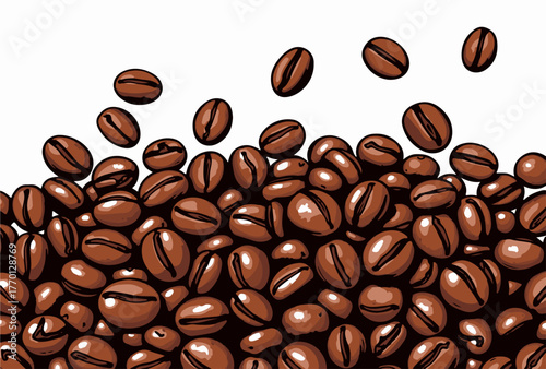 Realistic coffee beans vector illustration, roasted brown grains with glossy texture and shading, falling coffee seeds, detailed aroma concept, caffeine background design
