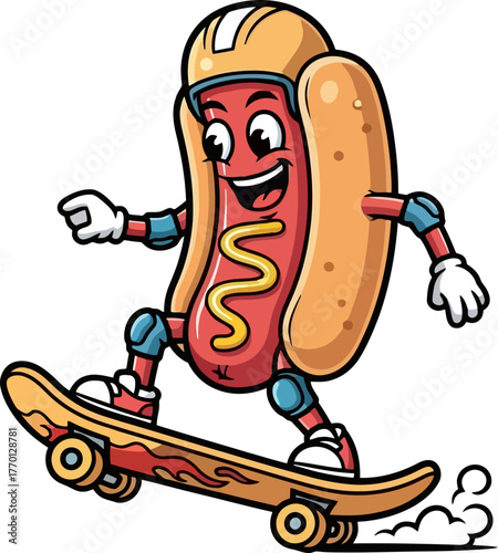 joyful frankfurter mascot grins, shredding urban asphalt with playful zest, isolated on transparent background
