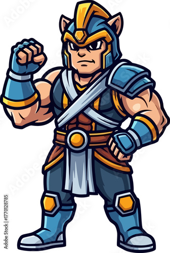brave cartoon hero poses, showcasing fierce strength and unwavering resolve, isolated on transparent background