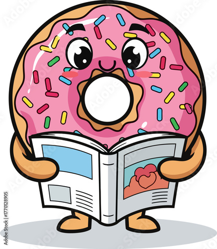 joyful donut mascot engages in reading, sweetly absorbing every word, isolated on transparent background