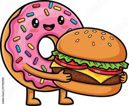 indulgent embrace playful donut finds pure joy holding hearty burger, isolated on transparent background