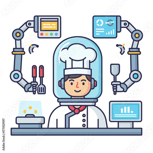 Chef in futuristic kitchen with robot arms and digital displays.