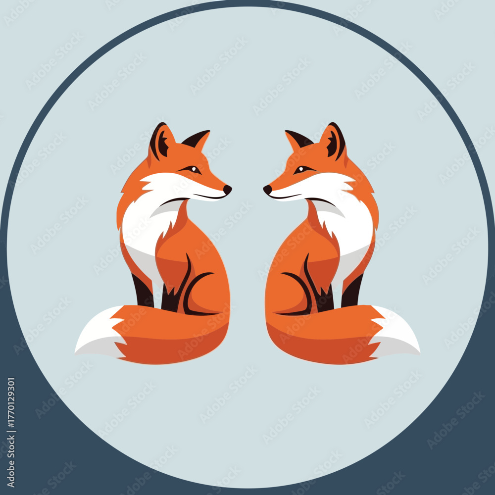 Obraz premium Two symmetrical foxes facing each other in a circle on a blue background.