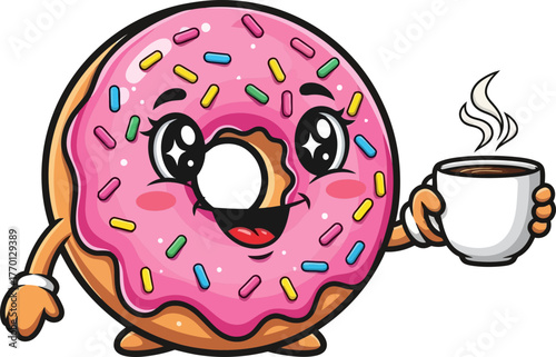 smiling donut delivers a sweet, steaming cup of morning joy, isolated on transparent background