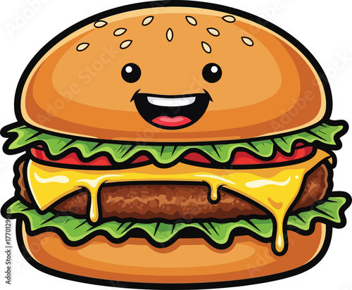 whimsical burger character grins, bursting with flavor and friendly charm, isolated on transparent background