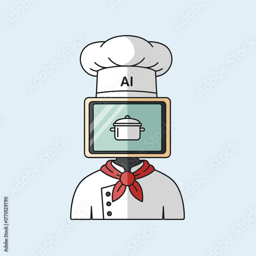AI chef with a screen for a head wearing a chef's hat and uniform.