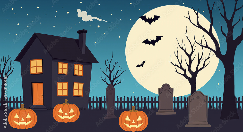 Fototapeta premium Spooky Cartoon Halloween Night Illustration with Haunted House, Glowing Jack-O’-Lantern Pumpkins, Moonlit Graveyard, Bare Trees and Flying Bats in Whimsical Cemetery Scene