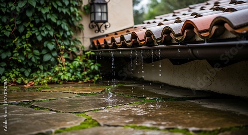 Water droplets cascading from roof in rainy climate and vegetation wall