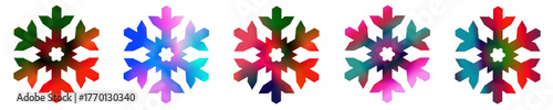 A set of five snowflakes, each with a unique gradient of colors, contrasts sharply against the transparebackground. Each snowflake has a geometric design with sharp edges and intricate details. Vector