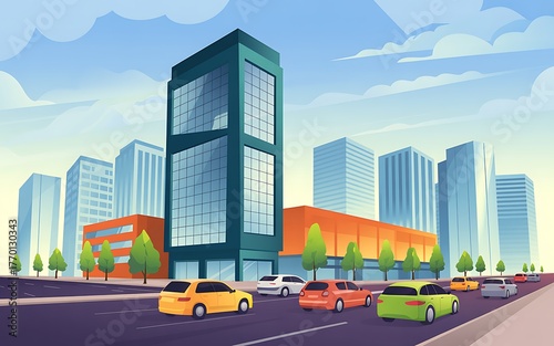 Modern cityscape with tall buildings and cars on the street