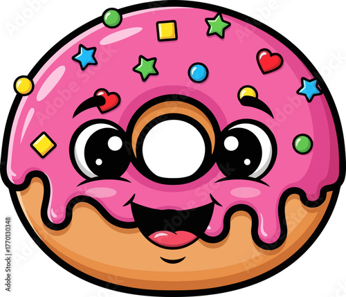 cheery cartoon donut beaming with pure delight and sugary charm, isolated on transparent background