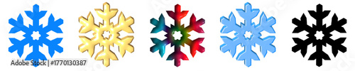 Set of stylized snowflakes in a row against a transparent background. They are blue, gold, rainbow gradient, light blue, and black with a 3D or extruded appearance. Vector stock.