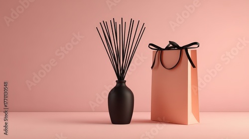 A minimalist arrangement featuring a black vase with sticks and a peach-colored gift bag against a soft pink background.