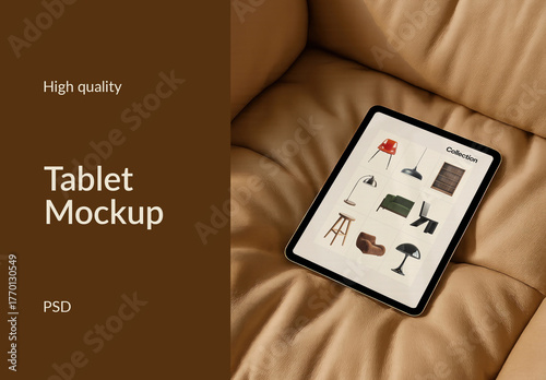 Tablet Mockup On Cozy Sofa PSD