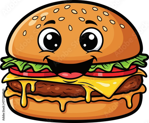 adorable cartoon burger beams with cheesy, fresh, mouthwatering happiness, isolated on transparent background