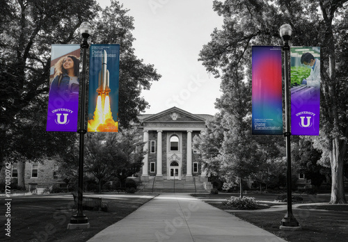 University Campus With Colorful Banners Mockup PSD 