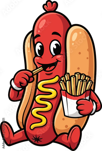 joyful hot dog mascot savoring golden fries the ultimate combo, isolated on transparent background