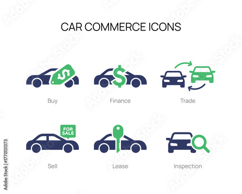 Car commerce icon set with six symbols for buying, selling, leasing, and vehicle inspection