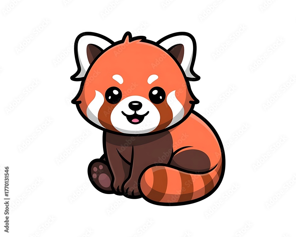 Fototapeta premium Cute cartoon red panda sitting and smiling with striped tail