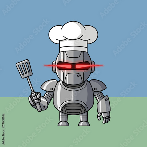 Cartoon robot chef with red eyes holding a spatula.