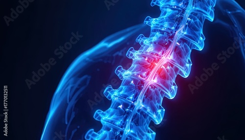 Fototapeta Naklejka Na Ścianę i Meble -  Explore the Complexities of Spinal Anatomy with this Dynamic and Vibrant Visualization Revealing a Detailed Look at the Vertebral Column and Nerve Connections