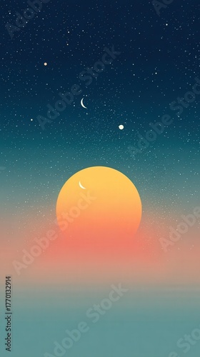 A serene digital artwork showcasing a vibrant sunset with a gradient sky, stars, and celestial elements, evoking a peaceful atmosphere.