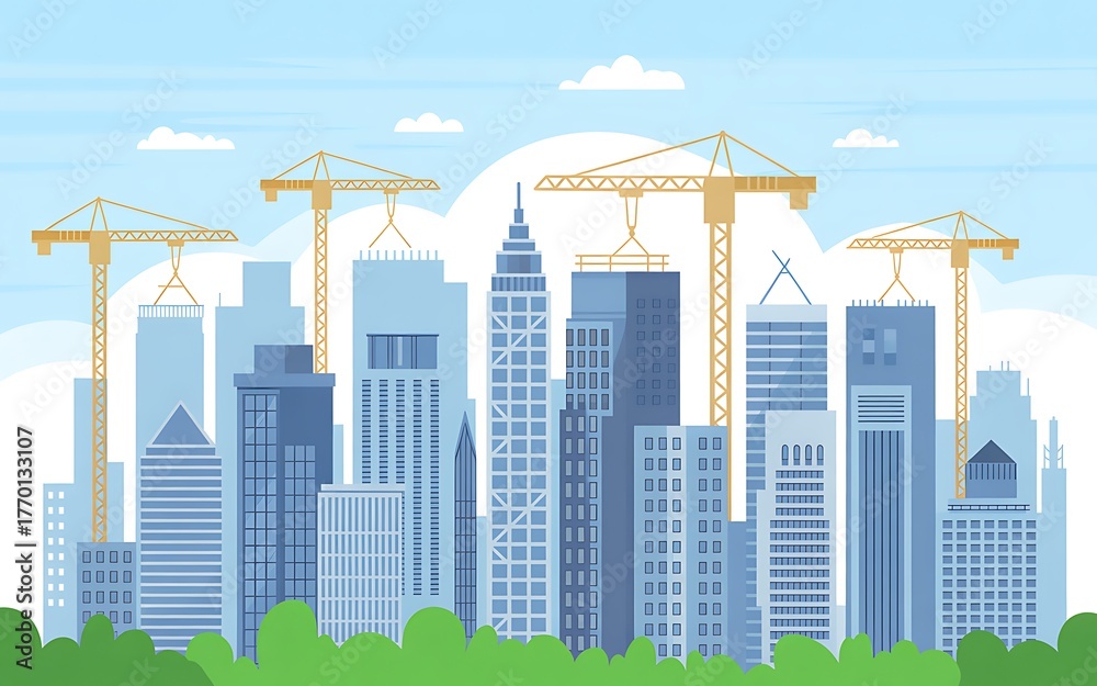 Obraz premium Modern cityscape under construction with cranes and tall buildings