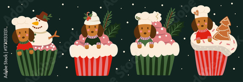 SET OF 4 CHRISTMAS DACHSHUND CUPCAKE ILLUSTRATIONS – CUTE HOLIDAY DOG BAKERY CLIPART, FESTIVE SWEET DESSERT DESIGN