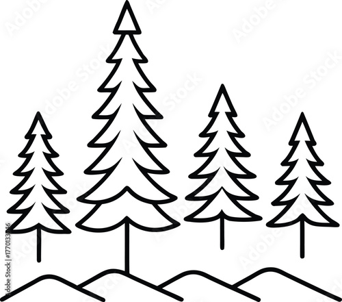 Minimalist black line art of a winter forest with pine trees on rolling hills