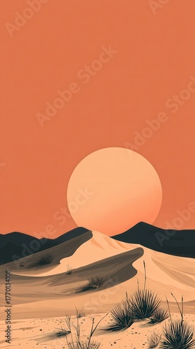 A serene desert landscape features rolling sand dunes under a large sun, set against an orange sky, creating a tranquil and picturesque scene.