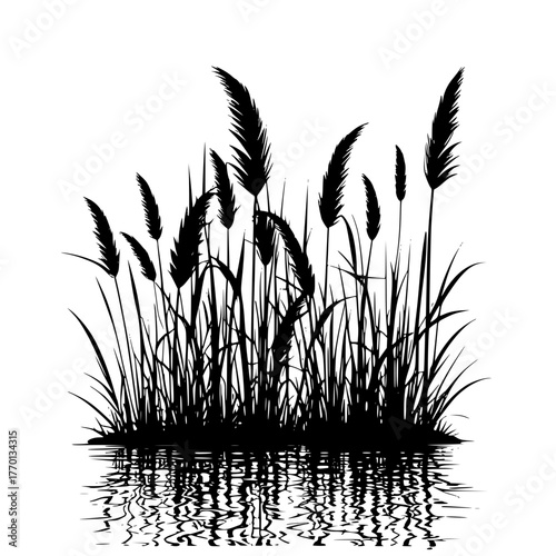 Black reeds silhouette vector illustration nature grass reflection art
