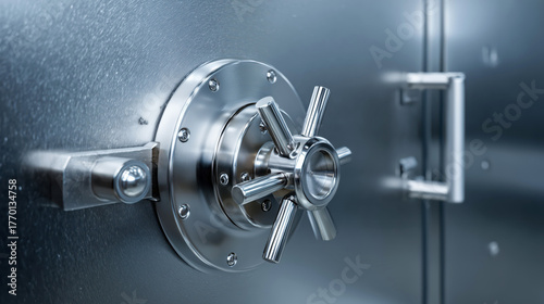 Steel bank vault door with heavy mechanism, symbol of security, protection and financial stability concept