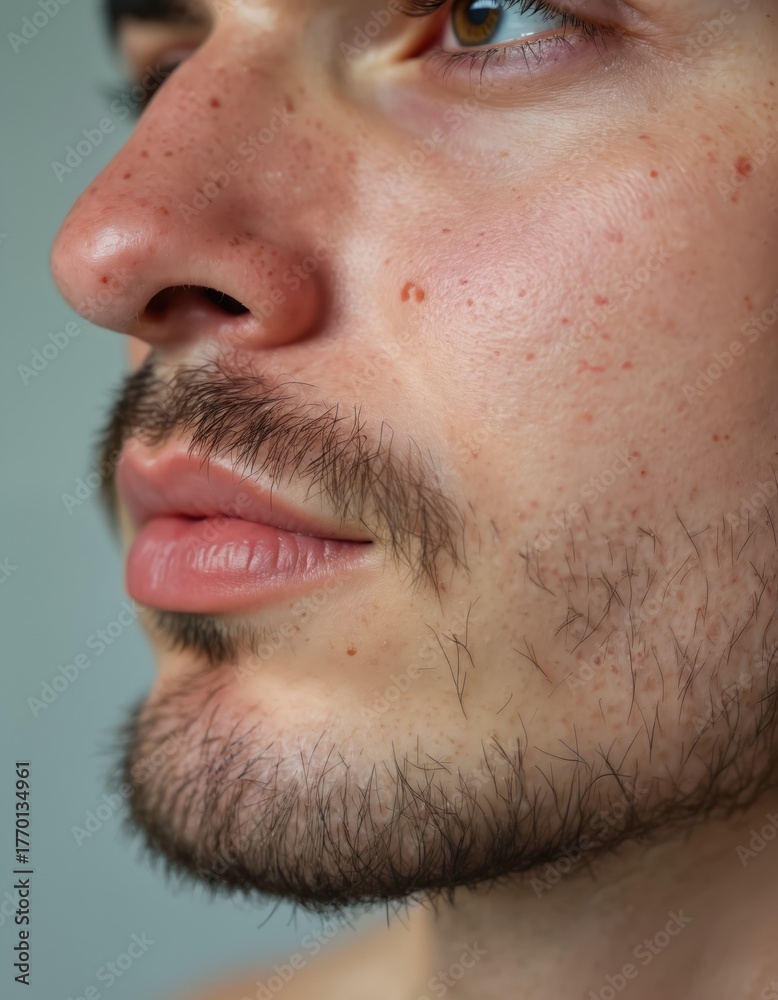 Fototapeta premium Macro detail of man facial skin profile. Cheek shows imperfect texture with pores freckles and moles. Guy with stubble beard and mustache for dermatology cosmetic and grooming concepts.