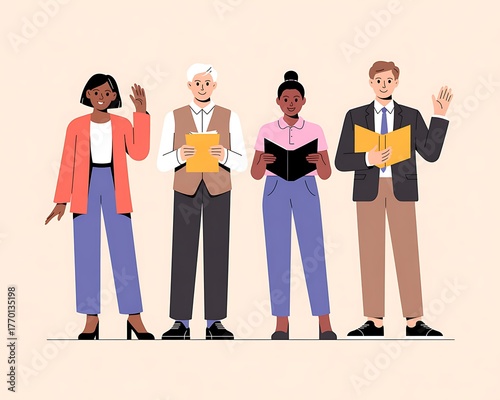Diverse group of people reading books and standing together