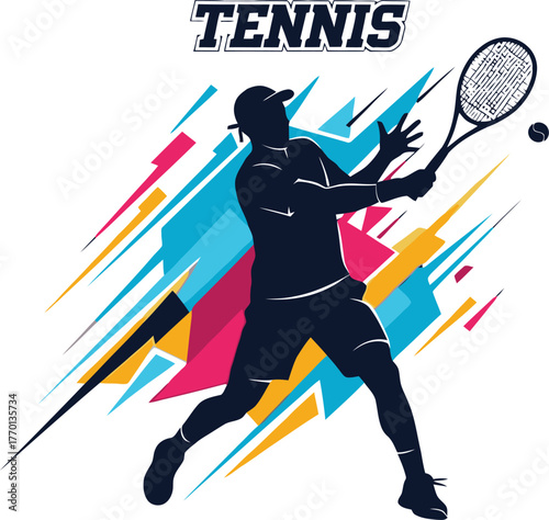 Dynamic Vector Illustration of a Tennis Player Silhouette Hitting a Forehand Against an Abstract, Colorful Background of Geometric Stripes.