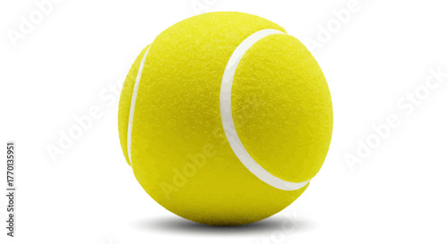 Bright yellow tennis ball with white stripes on a clean white background