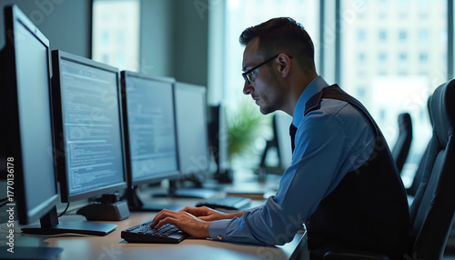 Man in office types on keyboard looking at computer screen. Police officer works on database in modern workspace. Investigator uses tech for data entry.