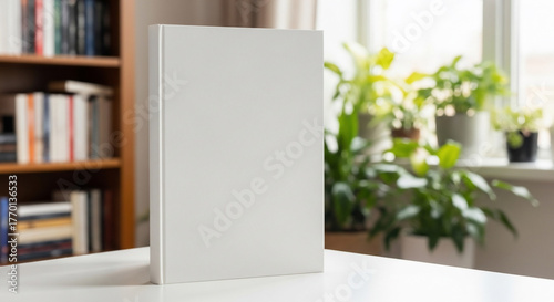 Blank White Book Mockup Standing on White Table with Copyspace in Bright Home Interior